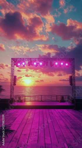 Beautiful Sunset at a Tropical Beach With Vibrant Colors and Palm Trees Surro...