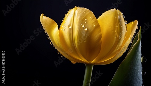 yellow tulip bloom dew droplets isolated against a black background usable for floral design themes