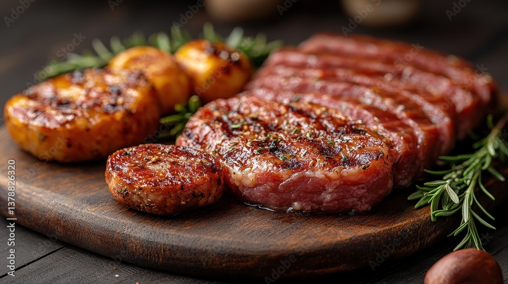 Juicy, medium-rare steak and vibrant vegetables on a rustic cutting board. A delicious, inviting culinary scene Juicy, medium-rare steak and vibrant vegetables on a rustic cutting board. A delicious, inviting culinary scene
