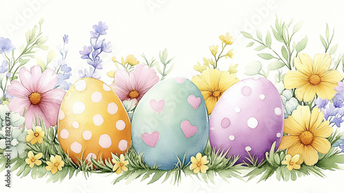 Watercolor Easter Eggs with Floral Border and Heart Patterns