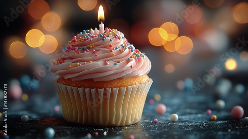 Delicious Cupcake With Pink Frosting and Colorful Sprinkles on Festive Table