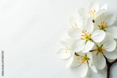 Delicate white blossoms against a pure white background , spring, art, elegance