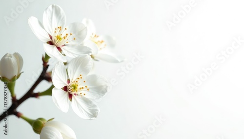 Delicate white blossoms against a stark white backdrop , petals, aesthetic