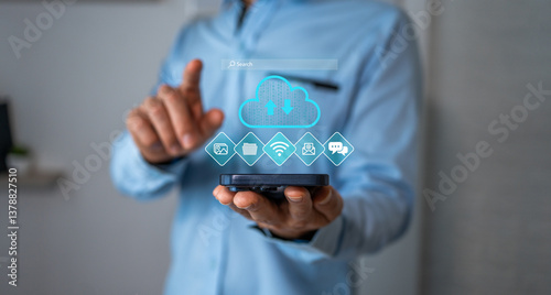 Cloud storage concepts. Man accesses data online via a mobile app