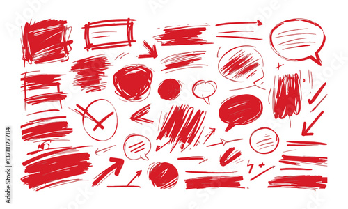 Modern vector illustration featuring a collection of hand-drawn red sketch elements, easily editable.