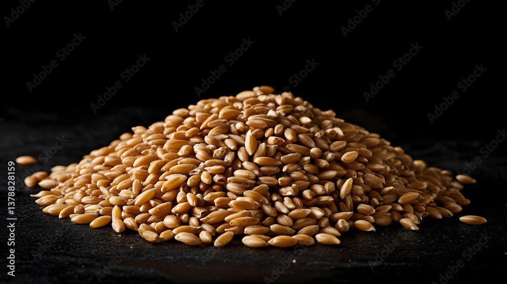 Obraz premium Golden einkorn grains arranged in a neat pile on a dark background, highlighting their smooth texture and elongated shape.