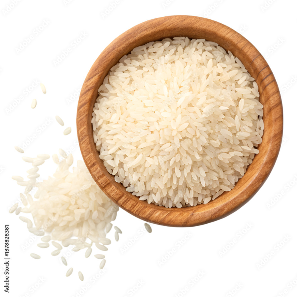 White rice in wooden bowl top view isolated on transparent background available as PNG or PSD White rice in wooden bowl top view isolated on transparent background available as PNG or PSD