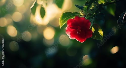 Vibrant Red Flower Blooming Amidst Lush Green Leaves in a Serene Garden at Dusk