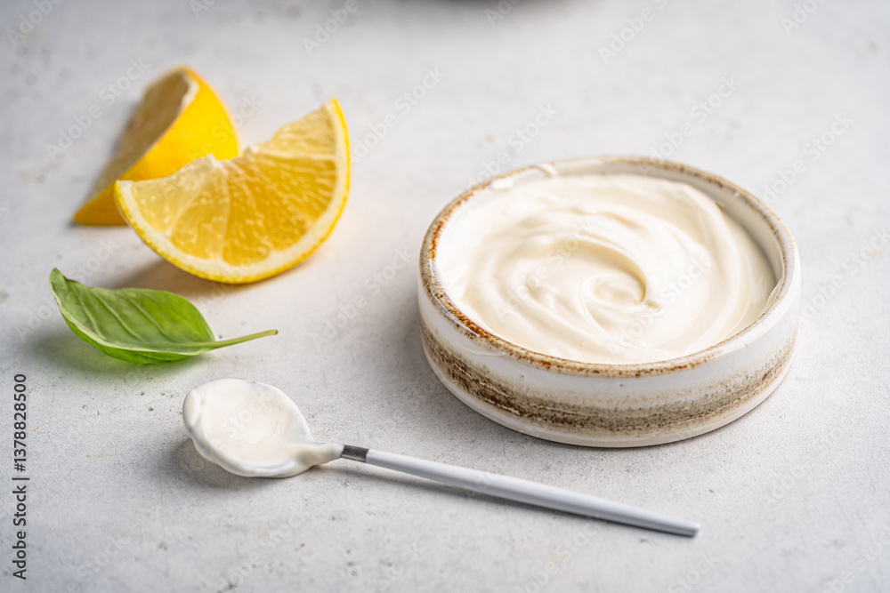 Bowl of tasty sour cream or Greek yogurt with a spoon and lemon slices on white background, closeup Bowl of tasty sour cream or Greek yogurt with a spoon and lemon slices on white background, closeup