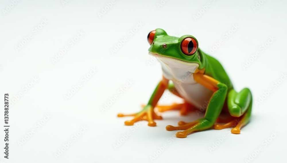 Naklejka premium Green tree frog perched on white, vibrant skin, macro photography, white