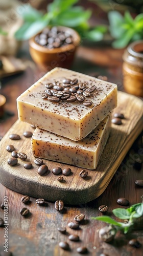 Handmade Coffee Soap Displayed on a Wooden Board With Beans and Natural Decor...
