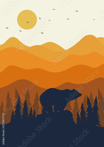 View on morning mountains with sunrise poster. Grizzly bear on the cliff illustration. Swiss pine tree forest