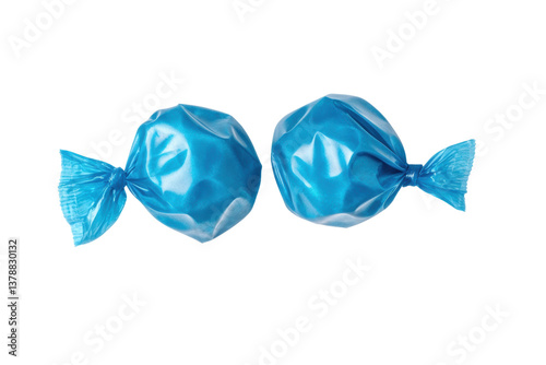 Blue wrapped candies: shiny twin sweet treats isolated on black background, cut out