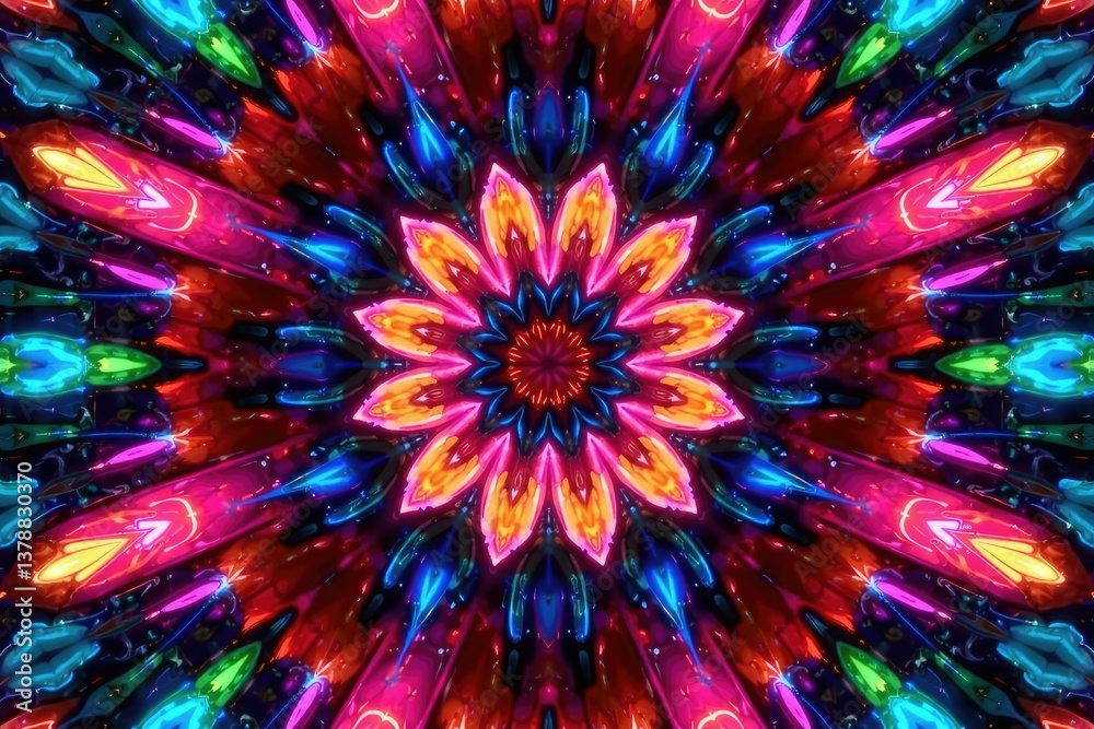 Obraz premium Kaleidoscopic symmetry, radiating lines, bold colors, wheel, optical
