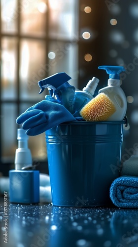 Cleaning Supplies Ready for Home Maintenance on a Bright Day Indoors