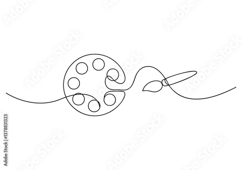 Continuous one line drawing of a paint palette with an art brush in a minimalist outline vector icon style