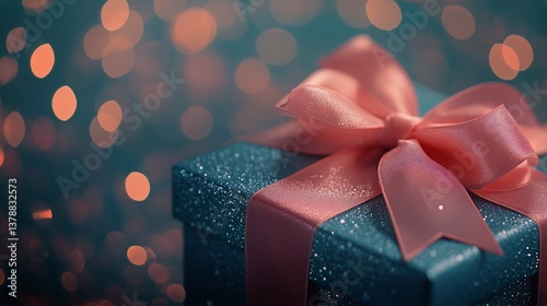 Beautiful Gift Box With Pink Ribbon and Sparkling Background During a Festive...