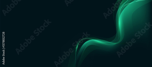 Abstract green wavy lines on dark gradient background, modern tech banner, corporate business concept, hi-tech abstract background  for presentation business or tech event poster EPS 10