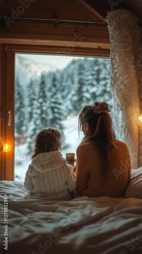 Cozy Winter Morning in a Cabin With Mother and Daughter Enjoying Warm Drinks