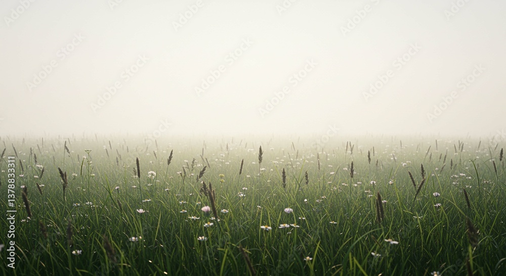 Fototapeta premium Serene Misty Meadow Landscape Grass Wildflowers and Fog at Sunrise