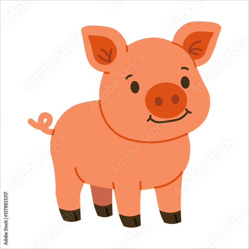 Flat style illustration of a smiling pink piglet with curly tail and dark hooves, perfect for farm-themed content, children’s books, educational projects, and cute animal collections
