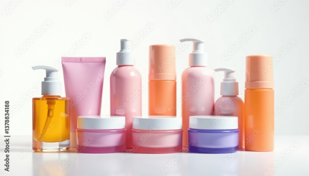 Various cosmetic containers on a white backdrop, background, packaging, white Various cosmetic containers on a white backdrop, background, packaging, white