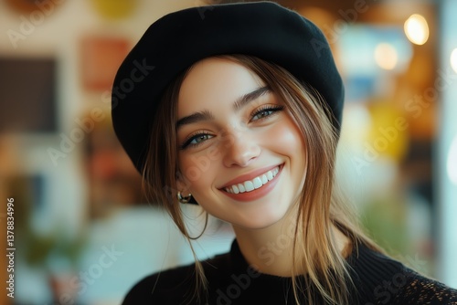 Smiling Young Woman Wearing Black Beret in Cozy Indoor Cafe With Warm Lighting