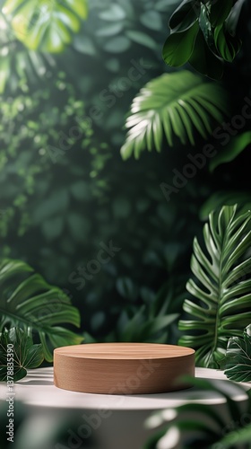 Green Foliage Backdrop With Wooden Platform for Display in a Serene Natural S...