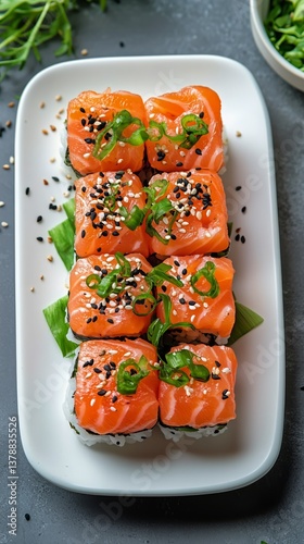 Delicious Sushi Rolls Presented on Elegant Plate With Fresh Ingredients and G...