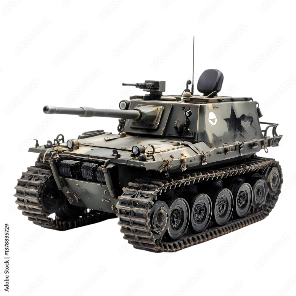 Close up of a military tank with a star on the side against black background Close up of a military tank with a star on the side against black background