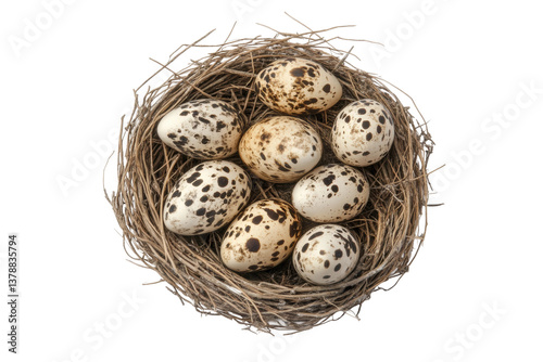 Speckled quail eggs in nest on black background, cut out