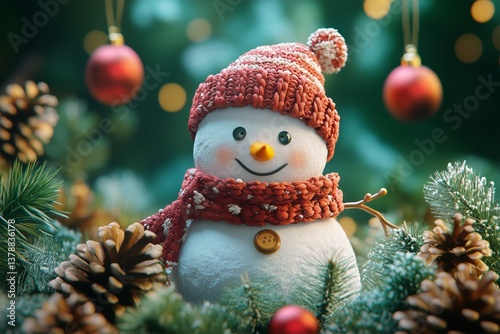 Cozy Snowman Wearing a Red Knitted Hat and Scarf Amid Pine Cones and Frosty G...