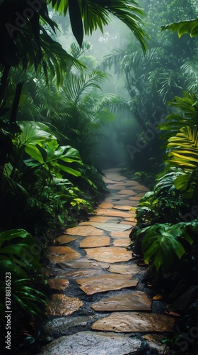 Exploring a Serene Pathway Surrounded by Lush Greenery in a Tropical Rainforest