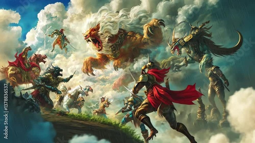 Fierce clash of mythical warriors amidst stormy skies in an epic battle for supremacy, A fierce battle scene where warriors clash with mythical beasts the air charged