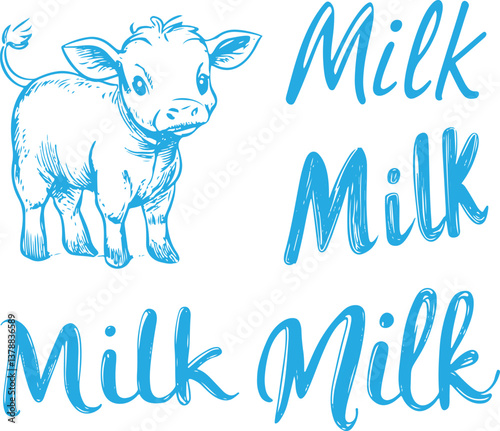 set of doodled hand drawn cow and word milk