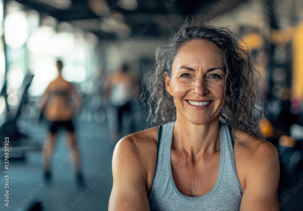 A middle-aged woman with an athletic build displays a warm smile in a gym, showcasing her dedication to fitness while others train nearby A middle-aged woman with an athletic build displays a warm smile in a gym, showcasing her dedication to fitness while others train nearby