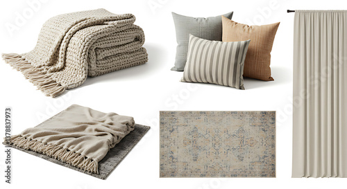 Cozy Interior Decor: An array of textured elements, including a woven throw, pillows, and a rug, evoke warmth and comfort. It's perfect for illustrating relaxation, and design.