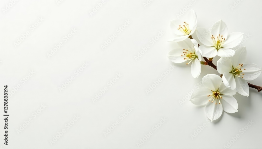 Fototapeta premium Delicate white blossoms against pure white backdrop, elegant, clean