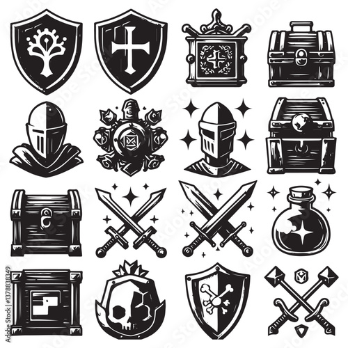 Fantasy game vector icon set, medieval UI game badge, wooden warrior shield, full gold chest, potion. Magic RPG objects kit, knight weapon, iron helmet, old papyrus, standard. Game icon collection 