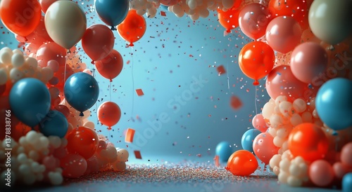Colorful Balloons Float Amid Vibrant Confetti in a Festive Celebration Atmosp...