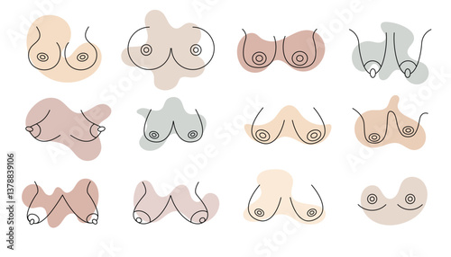 Diverse Breast Shapes. Minimalist vector illustration showing different breast shapes in abstract line art style, promoting body positivity and diversity in anatomy,  brafitting choosing