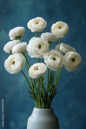 Elegant White Ranunculus Flowers in a Textured Vase Against a Serene Blue Bac...