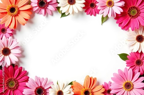  A frame of vibrant flowers on a white background with ample space for a greeting card