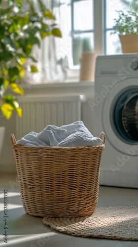 Laundry Basket Filled With Clean Clothes Beside a Washing Machine in a Bright...