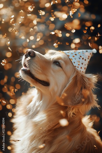 Golden Retriever Wearing a Party Hat Enjoys Autumn Leaves Celebration Outdoors