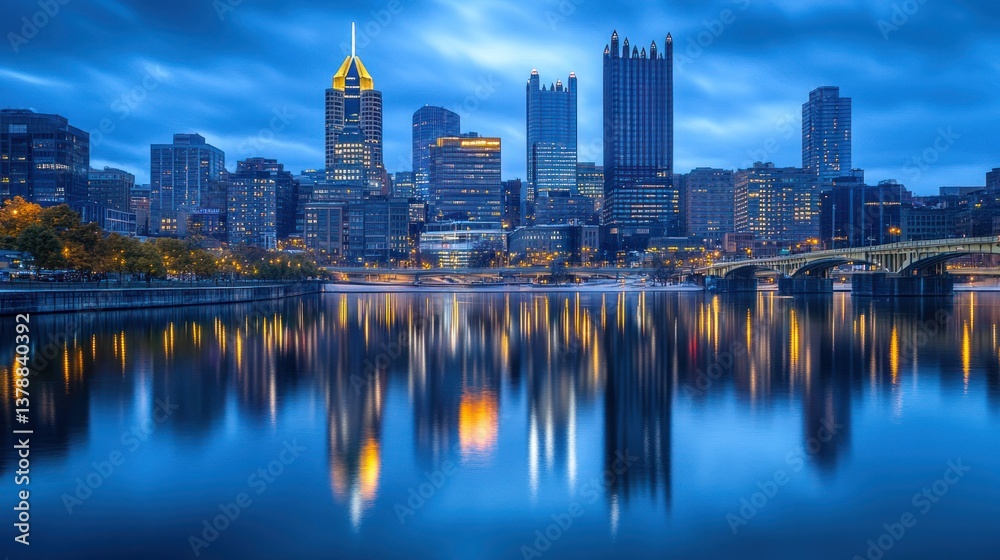 Fototapeta premium Illuminated urban cityscape reflecting on tranquil water at dusk