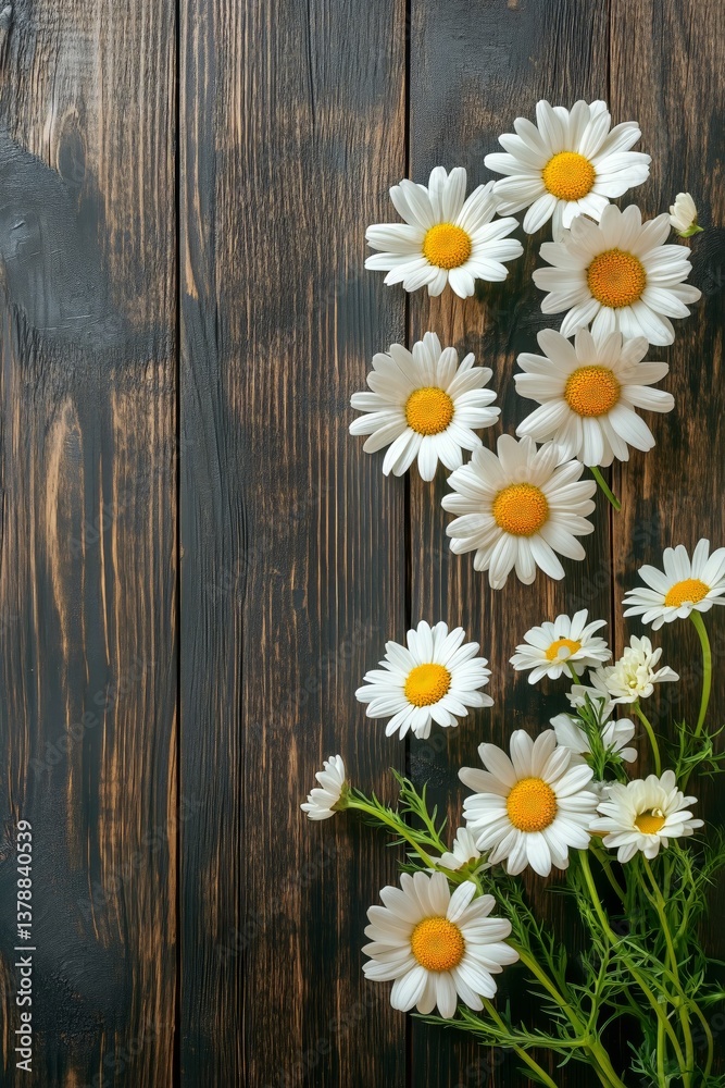 Obraz premium Bright Daisies Arranged on a Rustic Wooden Background Enhance Natural Beauty in a Serene Setting