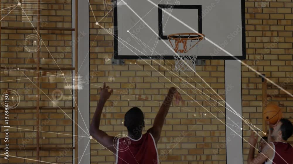 Shooting hoops, basketball players with data processing animation overlay in gym