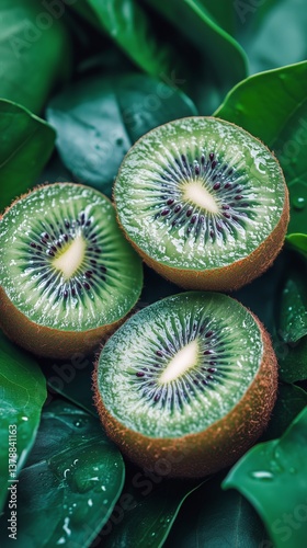 Freshly Sliced Kiwi Resting on Vibrant Green Leaves With Droplets of Water