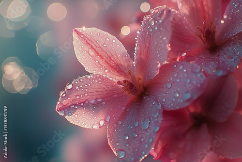 Delicate Pink Flower With Raindrops Shining in Soft Sunlight